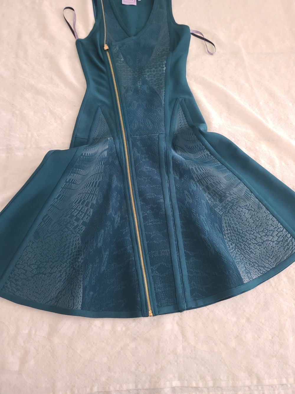 Herve Leger Teal Asymmetrical Zip Fit-and-Flare Midi Dress - Picture 7 of 13